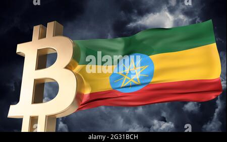 Criptocurrenza con moneta d'oro con bandiera etiope sventolante. Rendering 3D Foto Stock