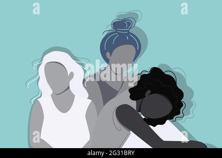 Donne di culture e nazionalità diverse che si levano in piedi insieme. Il concetto di movimento di empowerment femminile e di uguaglianza di genere. Illustrazione Vettoriale