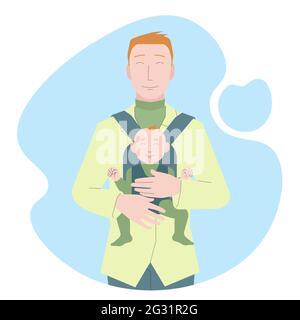 Uomo dai capelli rossi che trasporta il bambino. Papà sorridente che tiene il ragazzino. Singolo padre con porta-bambino. Buona famiglia. Illustrazione vettoriale per il giorno del Padre Illustrazione Vettoriale
