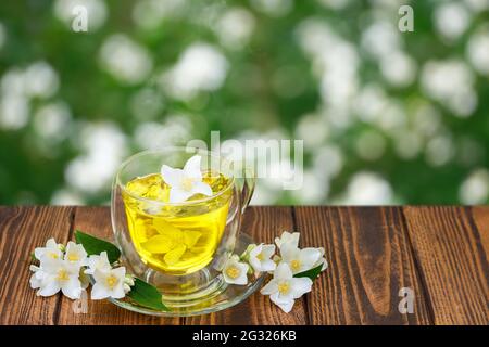 tazza di tè verde in vetro con fiori di gelsomino Foto Stock
