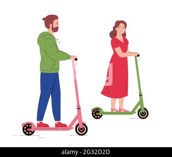 Uomo e donna che cavalcano scooter elettrici a piedi. Illustrazione Vettoriale