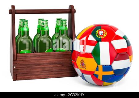 Pallone da calcio con bandiere e bottiglie di birra nella confezione di legno. Rendering 3D isolato su sfondo bianco Foto Stock