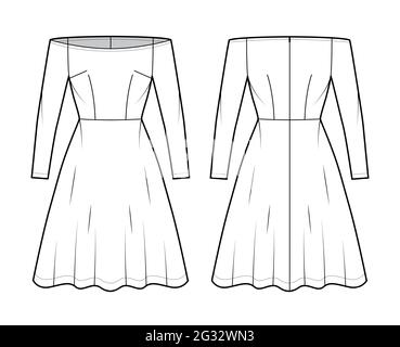 Abito off-shoulder Bardot illustrazione tecnica moda con maniche lunghe, corpo calzato, lunghezza ginocchio gonna semicircolare. Abbigliamento piatto, anteriore, posteriore, colore bianco. Donne, uomini unisex CAD mockup Illustrazione Vettoriale