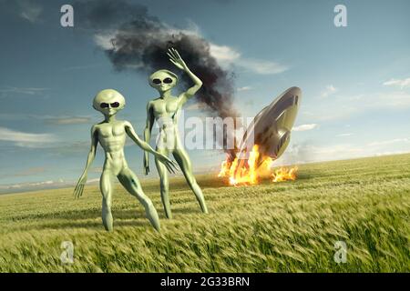 Vintage Flying disco UFO crash sito con alieni verdi. Vita extraterrestre classificata sulla Terra. Illustrazione 3D Foto Stock