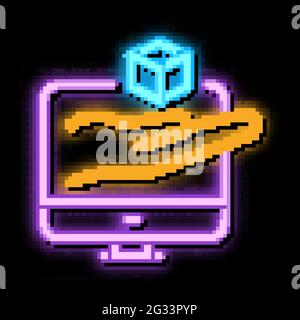 illustrazione dell'icona del neon bagliore dello schermo del computer del cubo della mano Illustrazione Vettoriale