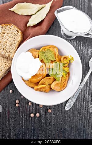 Zafferano di funghi salati con panna acida, foglia di curry e sprig di aneto in piatto, forchetta, tovagliolo e pane su sfondo nero di legno dall'alto Foto Stock