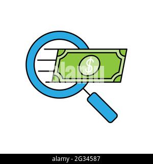 Icona Money Search Illustrazione vettoriale. Soldi con il concetto di disegno di vettore di icona di ricerca per il commercio di investimento di banca, finanza, valuta e commercio Illustrazione Vettoriale