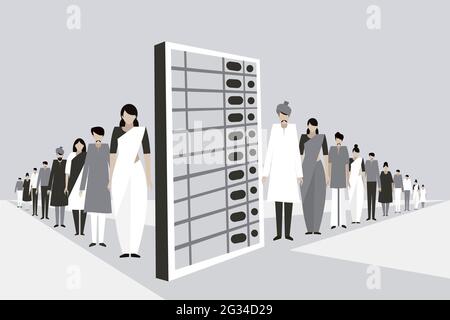 Illustrazione concettuale del popolo indiano stare in una lunga fila lungo il lato di una macchina di voto elettronica enorme Illustrazione Vettoriale