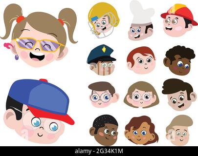 Big Vector Pack di 14 volti di bambini di razza di genere e professioni diverse. Carino e adorabile Bambini con espressioni e acconciature variegate. Illustrazione Vettoriale