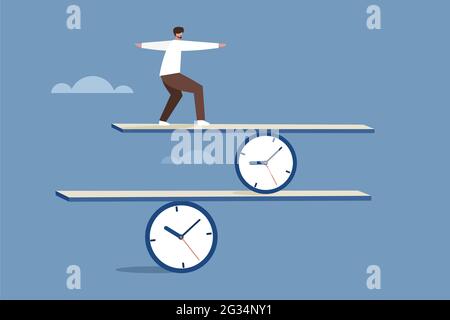 Illustrazione concettuale di un uomo che bilancia gli orologi per rappresentare il lavoro su più fusi orari Illustrazione Vettoriale