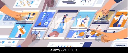 mix di ricercatori di razza discutere durante la videochiamata scienziati che fanno esperimenti chimici ingegneria molecolare Illustrazione Vettoriale