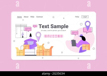 corriere che consegna il pacco a cliente donna servizio di consegna in linea concetto di spazio di copia orizzontale Illustrazione Vettoriale