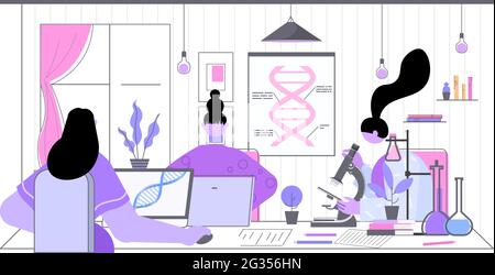 Gli scienziati collaborano con i ricercatori del DNA che fanno esperimenti nel laboratorio di analisi del DNA e del concetto di ingegneria genetica Illustrazione Vettoriale