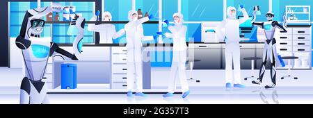 robot con scienziati in tuta protettiva che fanno esperimenti in laboratorio genetico ingegneria concetto di intelligenza artificiale Illustrazione Vettoriale