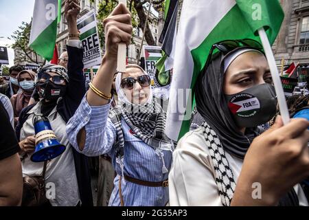 Protesta della Palestina libera a Whitehall, 12 giugno 2021. Centro di Londra, Inghilterra, Regno Unito Foto Stock
