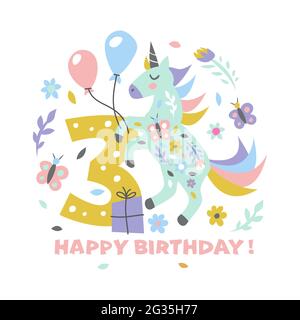 Buon compleanno Cuta illustrazione con unicorno per biglietto di auguri e poster Illustrazione Vettoriale