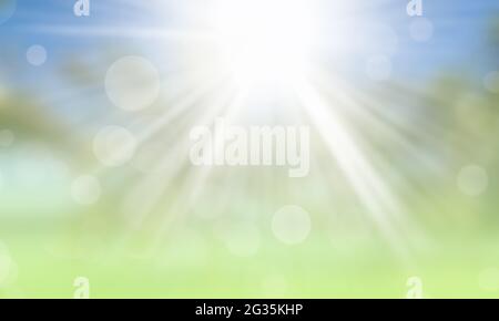 Soleggiato astratto verde e blu natura bokeh sfondo. Foto Stock