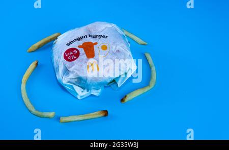 Rawang, Selangor, Malesia, 13 giugno 2021 - fuoco selettivo del più nuovo hamburger di McDonald conosciuto come hamburger di Shogun. McDonald's Corporation è la più grande Foto Stock