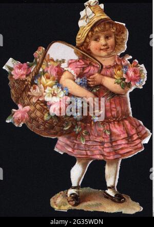Kitsch, stampe lucide, bambina con cesto di fiori, cromolithograph, XX  secolo, clipping, ADDITIONAL-RIGHTS-CLEARANCE-INFO-NOT-AVAILABLE Foto stock  - Alamy
