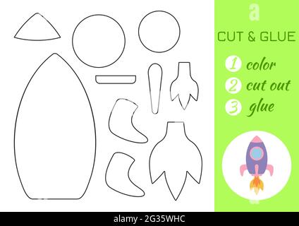 Colore, taglio e colla di carta violetto razzo. Taglia e incolla la pagina di attività di artigianato. Gioco educativo per bambini in età prescolare. Foglio di lavoro fai da te. Gioco di logica per bambini, A. Illustrazione Vettoriale