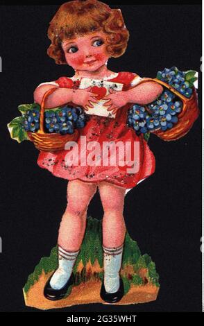 Kitsch, stampe lucide, ragazza con cesto di fiori e lettera, cromolithograph, 20 ° secolo, clipping, DIRITTI-AGGIUNTIVI-CLEARANCE-INFO-NON-DISPONIBILE Foto Stock