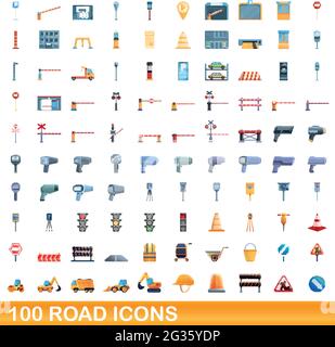 100 icone della strada impostate. Illustrazione cartoon di 100 icone di strada vettore insieme isolato su sfondo bianco Illustrazione Vettoriale