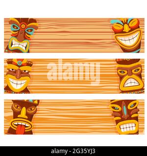 Set di striscioni orizzontali con maschera tribale tradizionale hawaiana e struttura in legno. Maschere polinesiane o totem. Legno tradizionale africano Illustrazione Vettoriale
