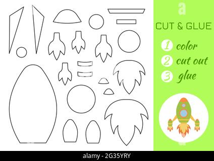 Colore, taglio e colla carta verde razzo. Taglia e incolla la pagina di attività di artigianato. Gioco educativo per bambini in età prescolare. Foglio di lavoro fai da te. Gioco di logica per bambini, ac Illustrazione Vettoriale