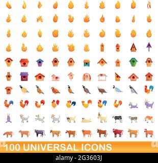 100 universal set di icone. Cartoon illustrazione di 100 icone universali set di vettore isolato su sfondo bianco Illustrazione Vettoriale