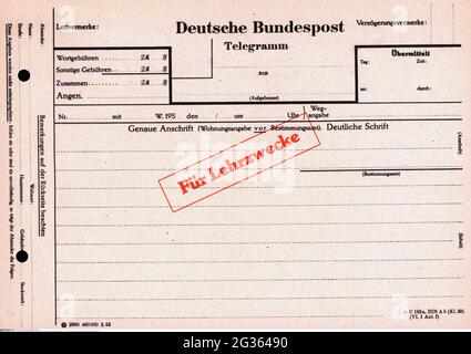 Posta, modulo, Ufficio federale tedesco della posta, telegramma, a scopo di formazione, 1953, DIRITTI-AGGIUNTIVI-AUTORIZZAZIONE-INFORMAZIONI-NON-DISPONIBILI Foto Stock