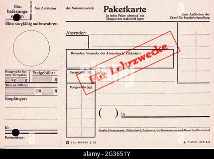 Posta, modulo, Ufficio federale tedesco della posta, carta di registrazione pacchi, 1953, DIRITTI-AGGIUNTIVI-AUTORIZZAZIONE-INFORMAZIONI-NON-DISPONIBILI Foto Stock