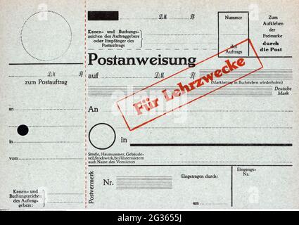 Posta, modulo, Ufficio federale tedesco della posta, vaglia postale, a scopo formativo, 1953, INFORMAZIONI-DIRITTI-AGGIUNTIVI-DI-LIQUIDAZIONE-NON-DISPONIBILI Foto Stock