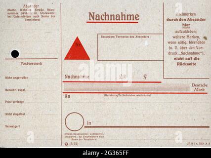 Posta, modulo, Ufficio federale tedesco della posta, contanti alla consegna, 1953, DIRITTI-AGGIUNTIVI-AUTORIZZAZIONE-INFORMAZIONI-NON-DISPONIBILI Foto Stock
