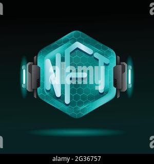 Gettoni non fungibili NFT. Interfaccia HUD esagonale futuristica. Certifica che una risorsa digitale è unica. Illustrazione vettoriale Illustrazione Vettoriale