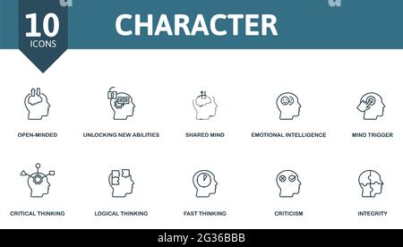 Set di icone di caratteri. Contiene icone modificabili tema di personalità, come ad esempio mente aperta, mente condivisa, grilletto mentale e altro ancora. Illustrazione Vettoriale