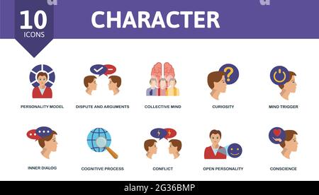 Set di icone di caratteri. Contiene icone modificabili tema di personalità come modello di personalità, mente collettiva, grilletto mentale e altro ancora. Illustrazione Vettoriale