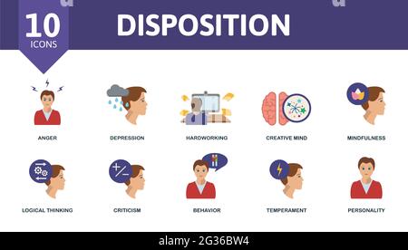 Set di icone di disposizione. Contiene icone modificabili tema di personalità come rabbia, fatica, consapevolezza e altro ancora. Illustrazione Vettoriale