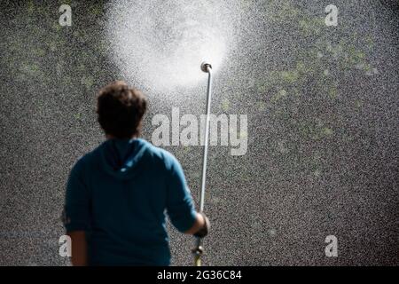 Magonza, Germania. 14 Giugno 2021. Un giardiniere della città di Magonza bagna un letto di fiori nel centro della città. Nella prossima settimana si suppone che sia superiore a 30 gradi in Renania-Palatinato. Credit: Sebastian Gollnow/dpa/Alamy Live News Foto Stock