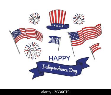 Happy USA Independende Day elementi di design. 4 luglio. Illustrazione vettoriale disegnata a mano Illustrazione Vettoriale