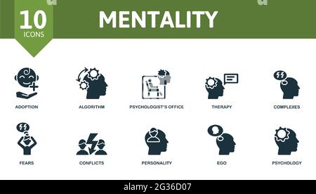 Insieme di icone di mentalità. Contiene icone modificabili tema psicologia come l'adozione, ufficio psicologo, complessi e altro ancora. Illustrazione Vettoriale