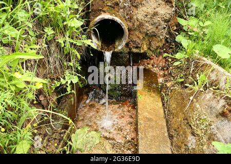 Primavera naturale. L'acqua di sorgente pura scorre da un tubo in un muro di pietra in natura. Foto Stock