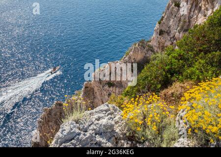 Dugi otok, Croazia. Barca veloce che naviga vicino al clifs Foto Stock