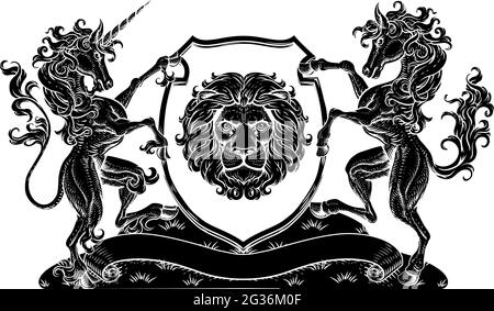 Stemma Horse Unicorn Crest Lion Shield Seal Illustrazione Vettoriale