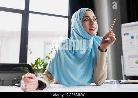 un ingegnere musulmano positivo che tiene la penna mentre pensa in ufficio Foto Stock