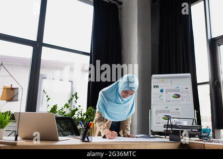 giovane uomo d'affari arabo in hijab che lavora vicino al laptop e lavagna a fogli mobili con grafici sullo sfondo Foto Stock