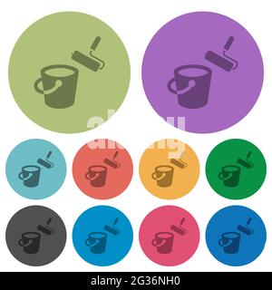 Secchio di vernice e rullo di vernice icone piatte più scure su sfondo rotondo di colore Illustrazione Vettoriale