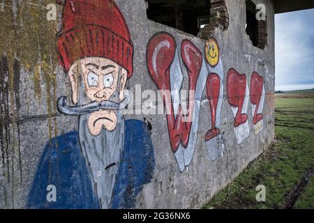 Graffiti si è spruzzato sulle pareti della torre di controllo del derelict sul disusato WW2 RAF Davidstow Airfield su Bodmin Moor in Cornovaglia. Foto Stock