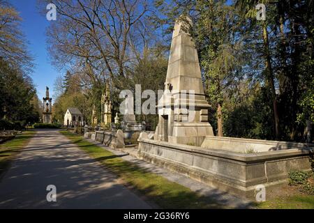 Cimitero di Melaten in primavera, magnifiche tombe sulla passerella principale, Germania, Nord Reno-Westfalia, Colonia Foto Stock