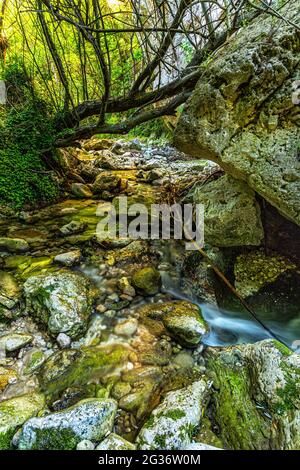 Torrente di montagna. Scorre tra rocce, pietre e piante. Abruzzo, Italia, Europa Foto Stock