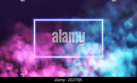 Cornice rettangolare astratta al neon su sfondo di fumo rosa e blu. Linee luminose vettoriali incandescenti. Sfondo al neon scuro. Illustrazione vettoriale Illustrazione Vettoriale